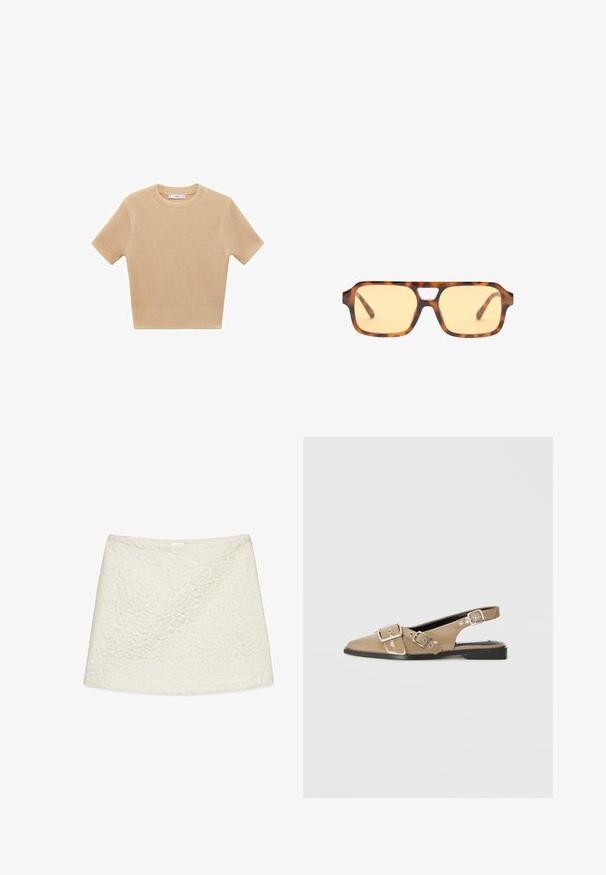 Béžový pletený sveter s krátkym rukávom a okrúhlym výstrihom, s textúrovaným vzorom a rebrovaným lemom. Jednoduchý, priliehavý strih.; Biela sukňa s textúrovaným kvetinovým vzorom, s rovnou siluetou a hladkým materiálom. Žiadne viditeľné kovanie ani akcenty.; Béžové lakované slingbacktopánky s špicatou špičkou, dvoma nastaviteľnými prackami a nízkym čiernym opätkom. Hladký povrch s lesklým povrchom.; Slnečné okuliare v korytnačkovom vzore s žlto zafarbenými sklami, obdĺžnikový tvar a výrazným výrezom v mostíku. Texturované stranice dokončujú dizajn.; Béžová kožená kabelka s unikátnym tvarom, vybavená dvoma krátkymi uchami a jedným dlhým nastaviteľným popruhom. Hladký povrch s minimálnym kovovým príslušenstvom.