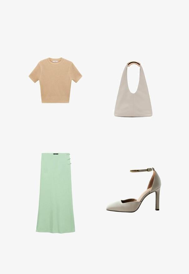 Pulover scurt, cu mânecă scurtă, tricotat, de culoare bej, cu decolteu rotund, având un model texturat și tiv cu nervuri. Design simplu, ajustat.; Fustă maxi verde deschis, realizată dintr-un material neted. Prezentă o croială dreaptă și trei butoane decorative pe partea stângă.; Pantofii cu toc înalt gri deschis, cu vârf ascuțit, design cu vamp deschis, curea pentru gleznă și accent cu lanț de aur. Textură de piele netedă.; Geantă din piele gri deschis cu un design în formă de U și un mâner metalic curbat. Textură netedă cu cusături minime și fără modele vizibile.