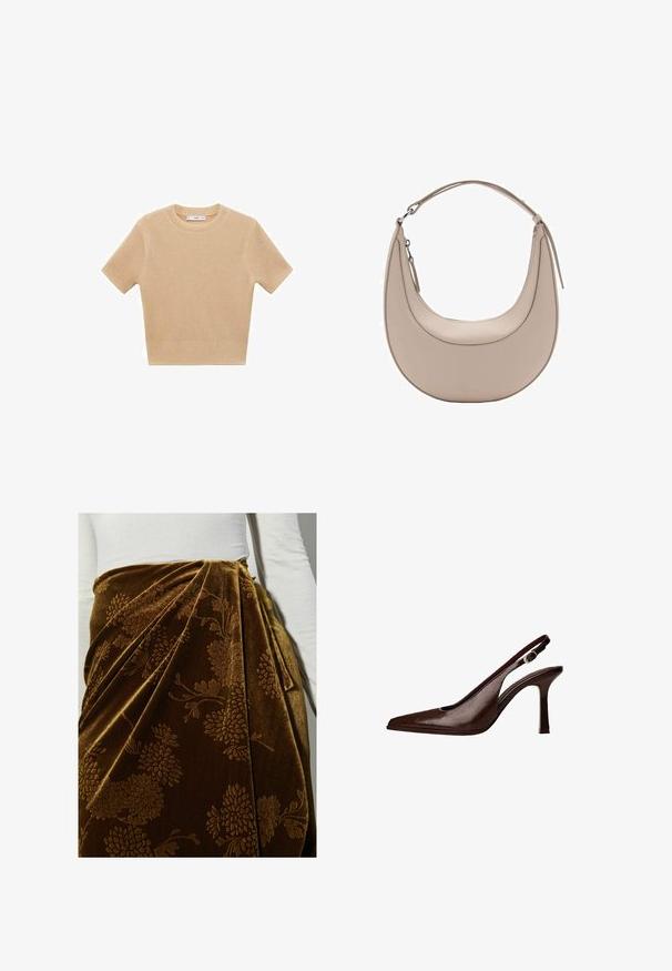 Beige strikket kortærmet sweater med rund halsudskæring, der har et tekstureret mønster og ribbet kant. Enkel, tætsiddende design.; Brun fløjlsnederdel med blomstermønster, der har læg og en draperet design. Den teksturerede overflade fremhæver de udsmykkede detaljer.; Brune læder slingback pumper med spids tå og en tynd hæl. Har en lille accentspænde på remmen og en blank finish.; Beige læder skuldertaske med en halvmåneform, glat overflade og et enkelt buet håndtag. Har en lynlåslukning og pæne syninger.