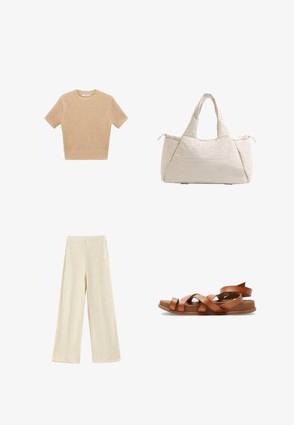 Beżowy sweter z krótkim rękawem, wykonany na drutach, z okrągłym dekoltem, z fakturowanym wzorem i prążkowanym dołem. Prosty, dopasowany fason.; Spodnie z szerokimi nogawkami w teksturowanym, kremowym materiale. Projekt cechuje się wafelowym wzorem, wysokim stanem i nogawkami o pełnej długości.; Brązowe skórzane sandały z krzyżującymi się paskami, płaską podeszwą i lekko podniesionym obcasem. Miękka tekstura i minimalistyczny design.; Beżowa pikowana torba na ramię z dwoma uchwytami, zaokrąglonym kształtem, teksturowanym materiałem i boczną kieszenią ze sznurkiem. Gładkie wykończenie, minimalistyczny design.