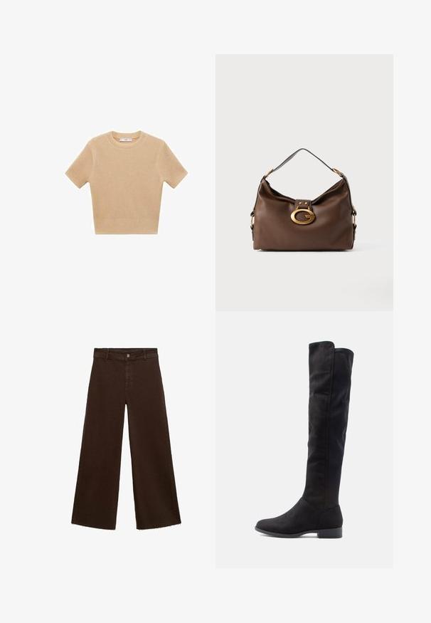 Beige gestrickter Kurzarmpullover mit rundem Halsausschnitt, der ein strukturiertes Muster und einen gerippten Saum aufweist. Einfaches, tailliertes Design.; Braune, weit geschnittene Hosen aus Baumwollmischung mit fransigem Saum, vorderem Knopfverschluss und klassischem Fünf-Taschen-Design. Minimalistisch und vielseitig.; Knielange schwarze Wildlederstiefel mit glatter Textur, runder Zehenpartie und niedrigem Blockabsatz; minimalistisches Design ohne sichtbare Beschläge.; Braune Handtasche aus Leder mit strukturiertem Finish, ausgestattet mit einem goldfarbigen Verschluss und einem einzigen, geschwungenen Schulterriemen.