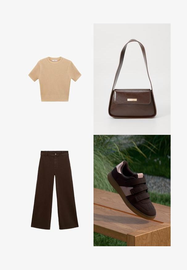 Beige knitted short-sleeve sweater with a round neckline, featuring a textured pattern and ribbed hem. Simple, fitted design.; Brown wide-leg trousers in cotton blend, featuring a frayed hem, front button closure, and classic five-pocket design. Minimalistic and versatile.; Brown suede sneakers with a pink accent stripe, featuring three Velcro straps and a textured rubber sole, positioned on a wooden surface.; Brown leather shoulder bag with a structured shape, featuring a magnetic flap closure and a metallic logo accent on the front.