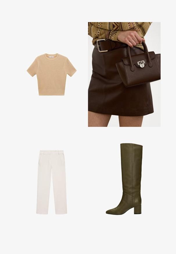 Beige gebreide trui met korte mouwen en een ronde halslijn, met een textuurpatroon en een geribde onderkant. Eenvoudig, getailleerd ontwerp.; Off-white rechte pijpenbroek met riemlussen, zijzakken en een verstopte sluiting aan de voorkant.; Lange olijfgroene leren laarzen met een scherpe neus en een blokhak, met een gladde textuur en minimale stikdetails.; Een bruine leren handtas met een gestructureerde afwerking en zilverkleurige hardware, vastgehouden met een hand naast een bruine leren rok en een gebreid patroontrui.