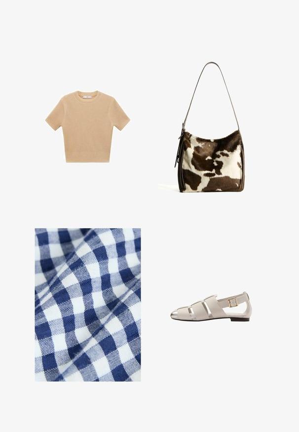 Maglione corto a maniche corte beige lavorato a maglia con scollatura rotonda, caratterizzato da un motivo testurizzato e orlo a coste. Design semplice e aderente.; Tessuto di cotone con un motivo a quadretti blu e bianchi presenta piccoli e uniformi quadretti. La texture appare tessuta e liscia.; Mango Sandali - beige; Borsa a spalla in pelle bovina marrone e crema con tracolla in pelle liscia, chiusura con zip e superficie morbida e testurizzata con un motivo naturale.