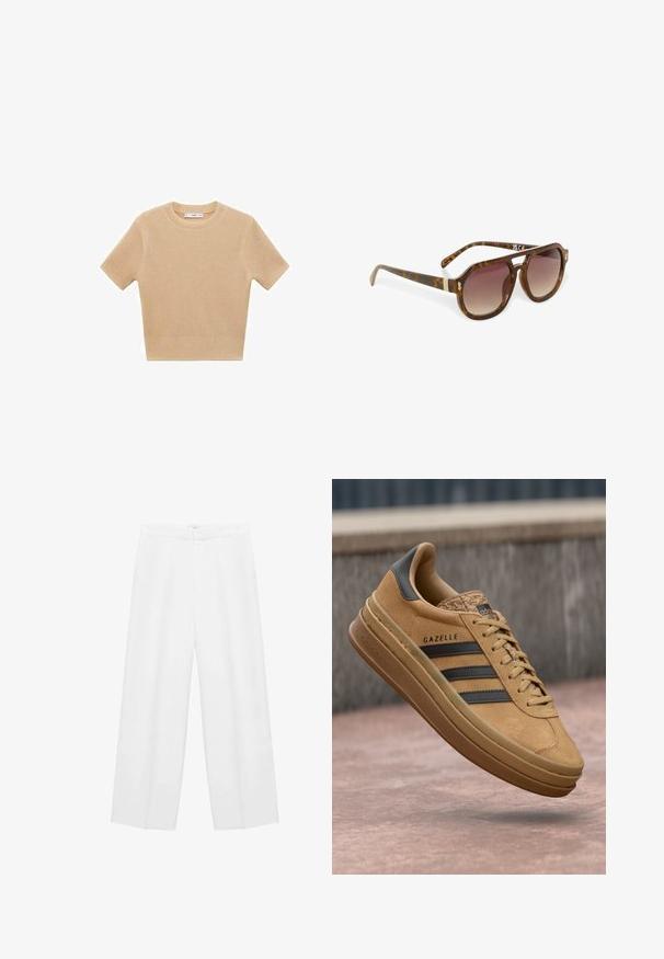 Béžový pletený sveter s krátkym rukávom a okrúhlym výstrihom, s textúrovaným vzorom a rebrovaným lemom. Jednoduchý, priliehavý strih.; Biele nohavice s širokými nohavicami a hladkou textúrou, so zvýšeným pásom a dvoma bočnými vreckami. Jednoduchý dizajn bez viditeľných vzorov.; Svetlé semišové tenisky s hladkým povrchom, obsahujúce tri tmavé pruhy, zaoblenú špičku a hrubšiu podrážku so vzorovaným okrajom.; Tortoise shell slnečné okuliare s gradientnými šošovkami, ostrým tvarom a zlatými akcentmi na ramenách, s hladkým, lesklým povrchom.; Hnedá semišová taška cez rameno s dvoma dlhými popruhmi, sťahovacou šnúrkou a minimalistickým dizajnom. Hladký povrch a žiadne viditeľné kovové doplnky.