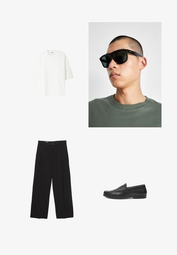 Bílá tričko s krátkým rukávem vyrobené z bavlny, se skládaným výstřihem a uvolněným střihem s rovním lemem.; Černé kalhoty širokého střihu vyrobené z hladké látky, s plochým pasem, předními záhyby a jedním knoflíkem na zapínání.; Černé kožené mokasíny s hladkým povrchem, zdobené prošíváním a nazouvacím designem. Plochá podrážka s minimálním vzorem.; Černé obdélníkové sluneční brýle s tmavými skly, které mají charakteristický tvar a logo na straně. Nosí je osoba v zelené košili.