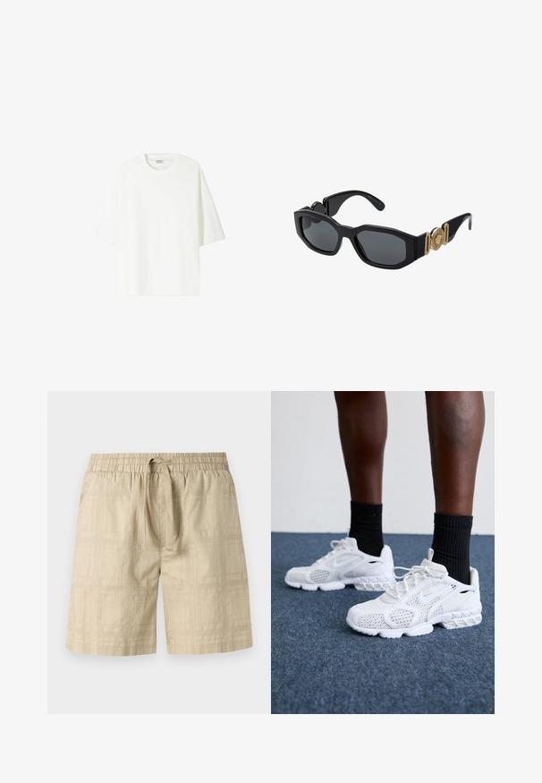 T-shirt blanc à manches courtes en coton, avec un col rond et une coupe décontractée avec une ligne d'ourlet droite.; Shorts beiges en tissu léger avec taille élastique et cordon de serrage, arborant un motif de grille subtil et une coupe droite.; Baskets de sport blanches avec dessus en maille, accents texturés et semelle rembourrée. Associées à des chaussettes côtelées noires sur une surface en moquette bleue.; Lunettes de soleil noires avec une monture géométrique épaisse, des verres sombres et des accents métalliques dorés sur les branches, comportant un détail d'emblème rond.