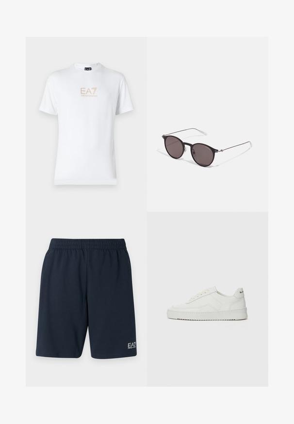 Biała bawełniana koszulka z okrągłym dekoltem i krótkimi rękawami, z nadrukowanym z przodu złotym logo EA7 Emporio Armani.; Granatowe szorty z elastycznym pasem wykonane z miękkiego materiału, z bocznymi kieszeniami i małym białym logo EA7 na dolnej lewej nodze.; Białe skórzane sneakersy o gładkim wykończeniu, okrągłym nosku, płaskich sznurówkach i teksturowanej podeszwie. Charakteryzują się delikatnym logo na pięcie.; Czarne okrągłe okulary przeciwsłoneczne z ciemnymi soczewkami i smukłymi metalowymi ramkami. Zawierają przezroczyste końcówki zauszników oraz srebrne akcenty przy zawiasie. Minimalistyczny design.