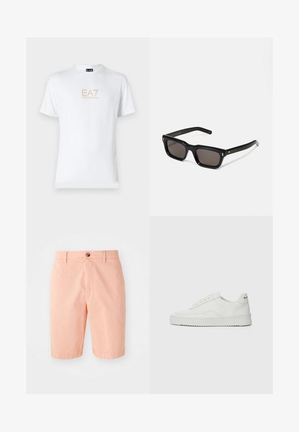 Witte katoenen t-shirt met een ronde halslijn en korte mouwen, voorzien van een gouden EA7 Emporio Armani-logo op de voorkant.; Perzikkleurige shorts van lichtgewicht stof, met een klassiek ontwerp, een knoopsluiting aan de voorkant en zijzakken.; Witte leren sneaker met een gladde afwerking, ronde neus, platte veters en een gestructureerde zool. Kenmerkt zich door een subtiel logo op de hiel.; Zwarte rechthoekige zonnebril met donkere lenzen, een dik plastic montuur, gouden accenten op de veren en het merkembleem gegraveerd op de arm.