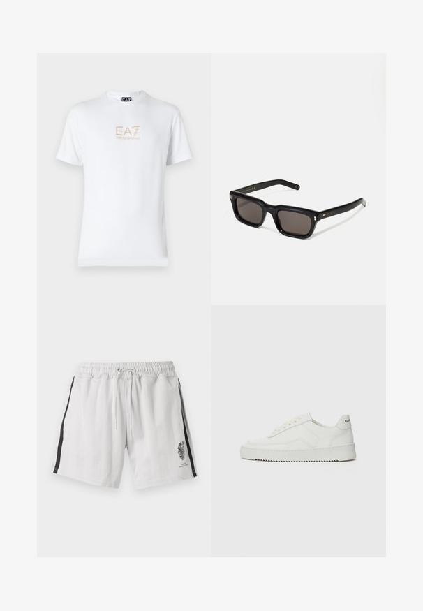 Biela bavlnená tričko s okrúhlym výstrihom a krátkymi rukávmi, na prednej strane s potlačou zlatého loga EA7 Emporio Armani.; Svetlosivé bavlnené šortky s elastickým pásom, šnúrkou, bočnými čiernymi pruhmi a grafickým dizajnom na dolnej ľavej nohe.; Biele kožené tenisky s hladkým povrchom, okrúly špičkový dizajn, ploché šnúrky a textúrovaná podrážka. Obsahujú jemné logo na päte.; Čierne obdĺžnikové slnečné okuliare s tmavými sklami, hrubým plastovým rámom, zlatými detailami na spánkoch a vygravírovaným logom značky na ramene.