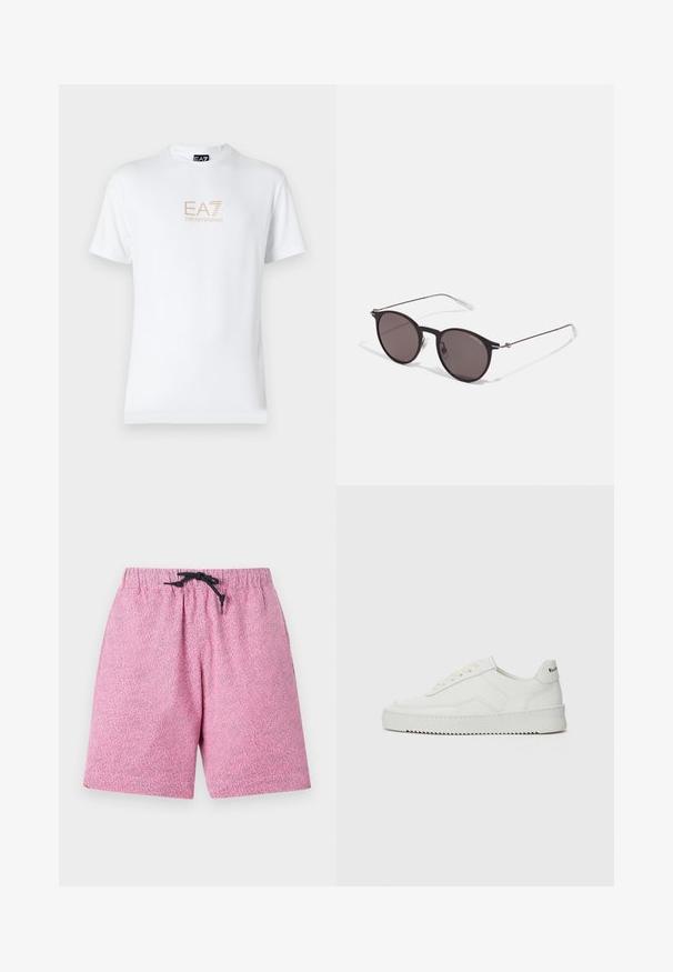 White cotton t-shirt featuring a round neckline and short sleeves, with a gold EA7 Emporio Armani logo printed on the front.; Pink patterned swim shorts with an elastic waistband and black drawstring. Material appears lightweight with a textured surface.; White leather sneaker with a smooth finish, round toe, flat laces, and a textured sole. Features a subtle logo on the heel.; Black round sunglasses with dark lenses and slim metal arms. Includes clear temple tips and silver accents at the hinge. Minimalist design.