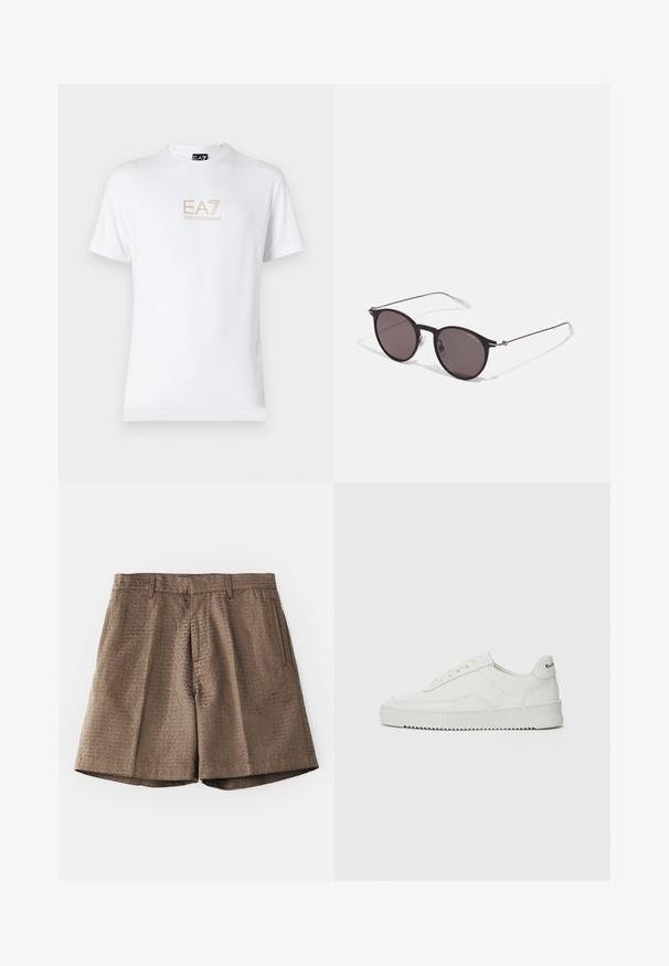 Weißes Baumwoll-T-Shirt mit Rundhalsausschnitt und kurzen Ärmeln, mit einem goldenen EA7 Emporio Armani-Logo auf der Vorderseite.; Braune Shorts aus strukturiertem Stoff mit einem wiederholten Logo-Muster, flachem Frontdesign, Seitentasche und geradem Beinausschnitt.; Weiße Ledersneaker mit glatter Oberfläche, runder Zehenpartie, flachen Schnürsenkeln und strukturiertem Sohlenprofil. Mit einem dezenten Logo an der Ferse.; Schwarze runde Sonnenbrille mit dunklen Gläsern und schlanken Metallbügeln. Enthält klare Tempelspitzen und silberne Akzente am Scharnier. Minimalistisches Design.