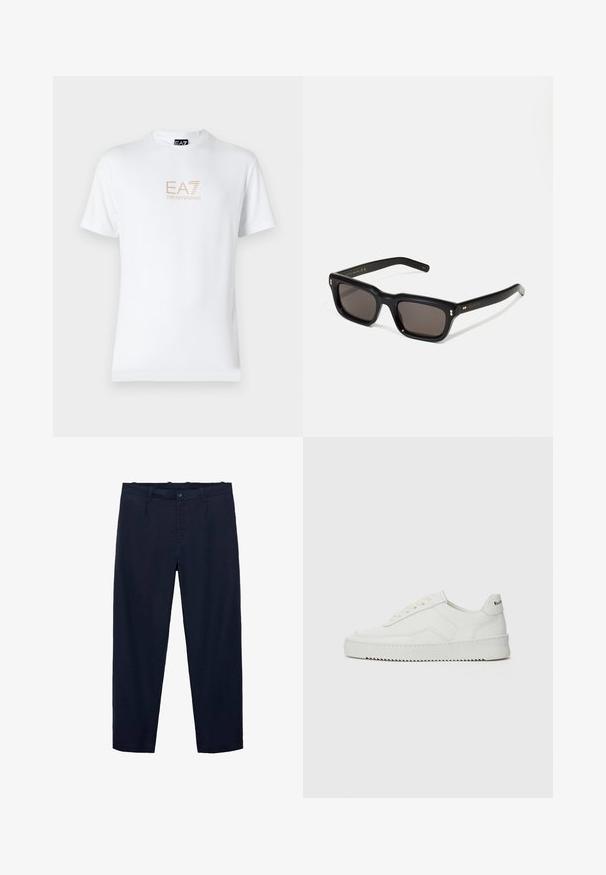 Vit bomull t-shirt med rund halsringning och korta ärmar, med en guld EA7 Emporio Armani-logotyp tryckt på framsidan.; Mango Tygbyxor - royal blue; Vita lädersneakers med en jämn yta, rund tå, platta snörningar och en strukturerad sula. Har en diskret logotyp på hälen.; Svarta rektangulära solglasögon med mörka linser, tjock plastbåge, guldfinish på skalmarna och varumärkeslogotyp graverad på armen.