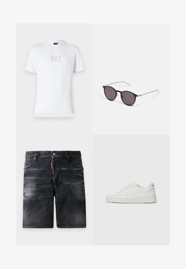 Weißes Baumwoll-T-Shirt mit Rundhalsausschnitt und kurzen Ärmeln, mit einem goldenen EA7 Emporio Armani-Logo auf der Vorderseite.; Schwarze Jeans-Shorts mit einem verblassten Design, Fünf-Taschen-Stil und Metallknopfverschluss. Verfügt über ein sichtbares Markenetikett am Bund.; Weiße Ledersneaker mit glatter Oberfläche, runder Zehenpartie, flachen Schnürsenkeln und strukturiertem Sohlenprofil. Mit einem dezenten Logo an der Ferse.; Schwarze runde Sonnenbrille mit dunklen Gläsern und schlanken Metallbügeln. Enthält klare Tempelspitzen und silberne Akzente am Scharnier. Minimalistisches Design.