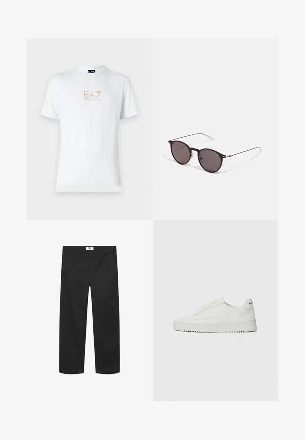 Biała bawełniana koszulka z okrągłym dekoltem i krótkimi rękawami, z nadrukowanym z przodu złotym logo EA7 Emporio Armani.; Czarne chinosy wykonane z gładkiego materiału bawełnianego. Posiadają zapięcie na guzik, kieszenie z przodu oraz prosty krój nogawek z czystymi krawędziami.; Białe skórzane sneakersy o gładkim wykończeniu, okrągłym nosku, płaskich sznurówkach i teksturowanej podeszwie. Charakteryzują się delikatnym logo na pięcie.; Czarne okrągłe okulary przeciwsłoneczne z ciemnymi soczewkami i smukłymi metalowymi ramkami. Zawierają przezroczyste końcówki zauszników oraz srebrne akcenty przy zawiasie. Minimalistyczny design.