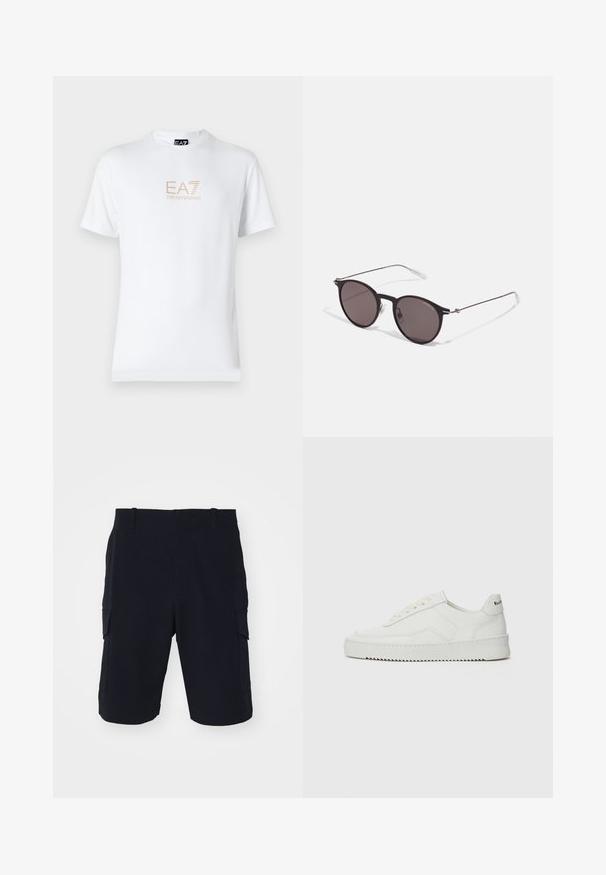 T-shirt bianco in cotone con scollatura rotonda e maniche corte, con il logo oro EA7 Emporio Armani stampato sul fronte.; rag & bone CADE - Shorts - black; Sneaker in pelle bianca con una finitura liscia, punta rotonda, lacci piatti e suola testurizzata. Presenta un logo discreto sul tallone.; Occhiali da sole neri rotondi con lenti scure e sottili bracci in metallo. Include punte trasparenti e accenti argentati alla cerniera. Design minimalista.