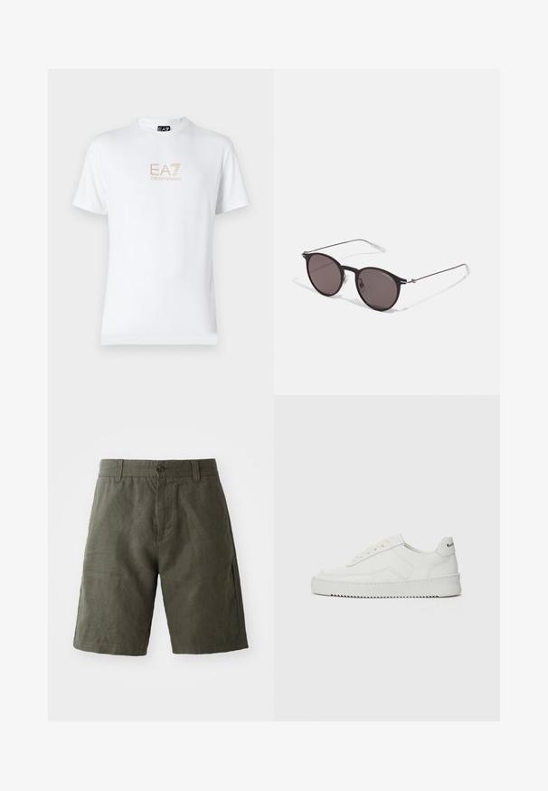 T-shirt bianco in cotone con scollatura rotonda e maniche corte, con il logo oro EA7 Emporio Armani stampato sul fronte.; Pantaloni corti in lino verde scuro con chiusura a bottone e passanti per cintura, caratterizzati da una vestibilità dritta e una texture liscia.; Sneaker in pelle bianca con una finitura liscia, punta rotonda, lacci piatti e suola testurizzata. Presenta un logo discreto sul tallone.; Occhiali da sole neri rotondi con lenti scure e sottili bracci in metallo. Include punte trasparenti e accenti argentati alla cerniera. Design minimalista.
