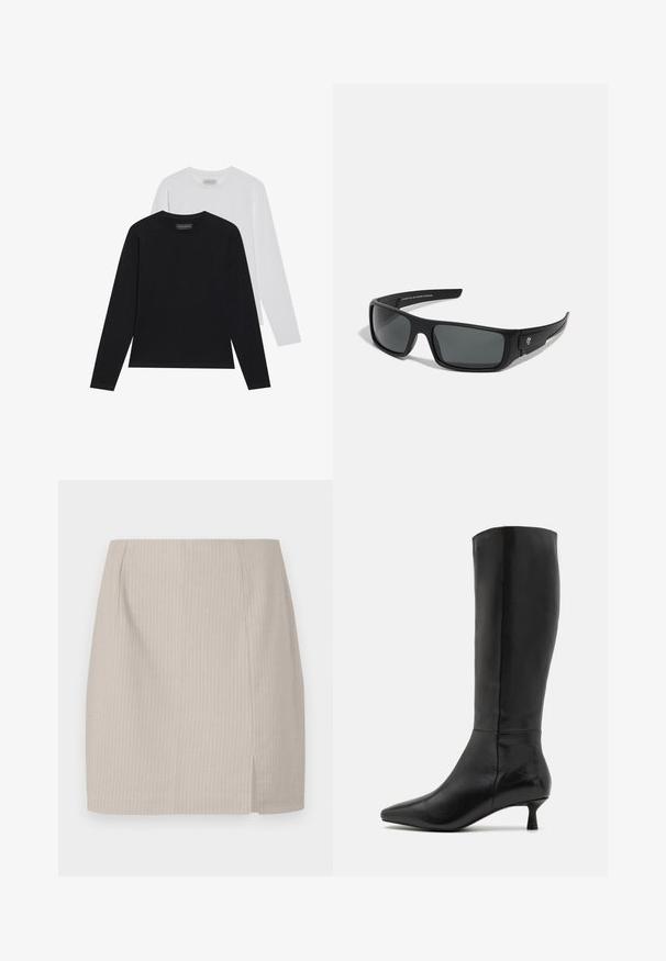 Két hosszú ujjú felső: egy fekete és egy fehér. Mindkettő kerek nyakkivágással és sima, bordázott textúrával rendelkezik. A márkajelzés látható a nyakszíj belsejében.; Beige ceruza szoknya csíkos textúrával, egyenes vonalvezetéssel és oldalsó hasítékkal a fokozott mozgás érdekében. Könnyű anyagból készült.; Zign Csizmák - black; Fekete napszemüveg téglalap alakú kerettel, sötétszürke lencsékkel és sima műanyag bevonattal. Jeles logó hangsúly a szélén.; Fekete steppelt bőrtáska arany lánc pánttal és logó részlettel. Téglalap alakú, sima textúrájú, fedélzáras kialakítással.