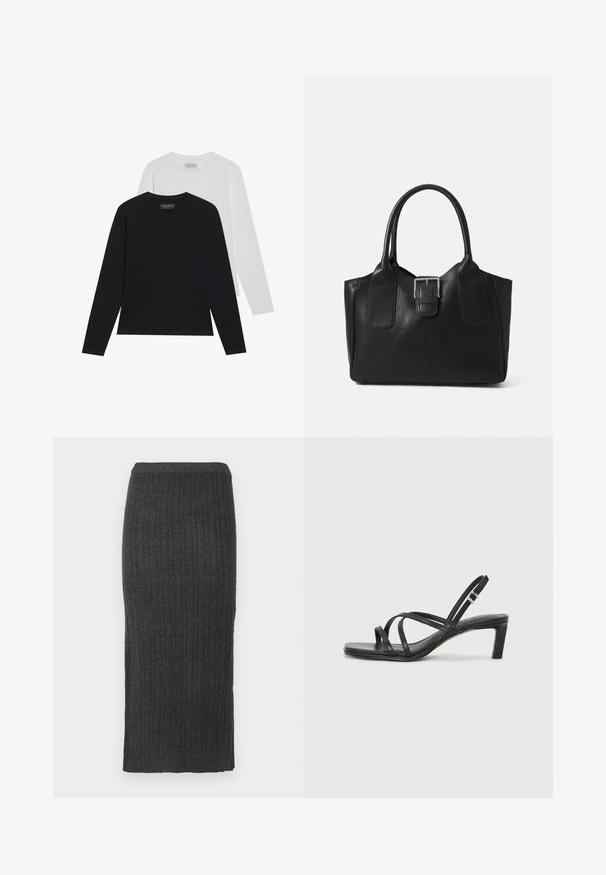 Du striuki su ilgomis rankovėmis: vienas juodas, o kitas baltas. Abu turi apvalų iškirpimą ir lygų, diržinį paviršių. Prekės ženklas matomas viduje iškirpimo.; Megzta, juostos modelio midi sijonas tamsiai pilkos spalvos. Yra prigludusi silueto forma ir elastinė juosmena. Pagamintas iš minkštos, tekstūruotos medžiagos.; Juodi šlepetės su kvadratiniu pirštu ir žemu bloku kulnu. Yra keli ploni dirželiai ir reguliuojamas kulkšnies diržas. Pagaminti iš lygios odos.; Juodas odinis nešiojamas krepšys su lygiu paviršiumi, struktūrine forma, dviem rankenėlėmis ir ryškiu sidabriniu sagties akcentu priekyje.; Sidabrinis dvigubas žiedas su lygiu, poliruotu paviršiumi. Pasižymi sklandžiu, kreiptu dizainu su persipinančiomis dalimis, suteikiančiomis modernų išvaizdą.