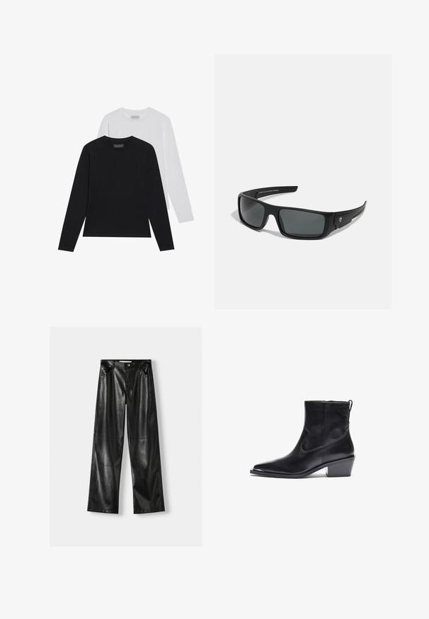 Dva dolgoročna majici s dolgimi rokavi: ena črna in ena bela. Obe imata okrogel ovratnik in gladko, rebrasto teksturo. Logotip blagovne znamke je viden znotraj ovratnika.; Črne usnjene hlače širokega kroja z sijočo teksturo, ki vključujejo dve sprednji žep, zapiranje na gumb in vidne šive.; Črne usnjene gležnarke s koničastim nosom in nizko blok peta. Imajo stransko zadrgo in minimalne šive za eleganten dizajn.; Črne sončne očala s pravokotnim okvirjem, temno sivo lečo in gladko plastično površino. Opazna oznaka na strani.; Črna najlonska torba za rame s ukrivljenim oblikom, s srebrnim verižnim dodatkom, odstranljivim mini žepkom in nastavljivim trakom; vsebuje logotip "Steve Madden".