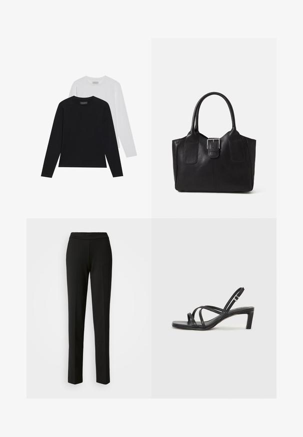 Two long-sleeve tops: one black and one white. Both feature a round neckline and a smooth, ribbed texture. Brand label visible inside neckline.; Black straight-leg pants with an elastic waistband. Made from textured fabric with no visible patterns or hardware. Clean, minimal design.; Black strappy sandal with a square toe and a low block heel. Features multiple thin straps and an adjustable ankle strap. Made of smooth leather.; Black leather tote bag with smooth texture, structured shape, two handles, and a prominent silver buckle detail on the front.