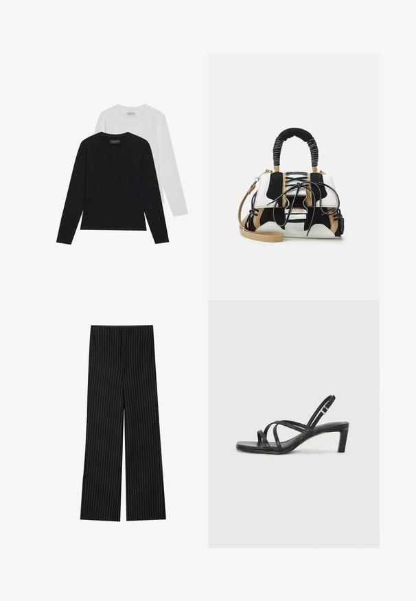 Zwei Langarmshirts: eines schwarz und eines weiß. Beide haben einen runden Ausschnitt und eine glatte, gerippte Textur. Markenlabel im Ausschnitt sichtbar.; Schwarze weit geschnittene Hosen mit weißen vertikalen Nadelstreifen, die eine glatte Textur und ein maßgeschneidertes Design aufweisen, ideal für formelle oder geschäftliche Kleidung.; Schwarze Sandale mit Riemchen, quadratischer Zehenform und niedrigem Blockabsatz. Verfügt über mehrere dünne Riemen und einen verstellbaren Knöchelriemen. Hergestellt aus glattem Leder.; Mehrfarbige Handtasche aus schwarzem, weißem und beigem Netzmaterial. Verfügt über einen strukturierten Griff, ein Schnürdesign und einen abnehmbaren Schultergurt.