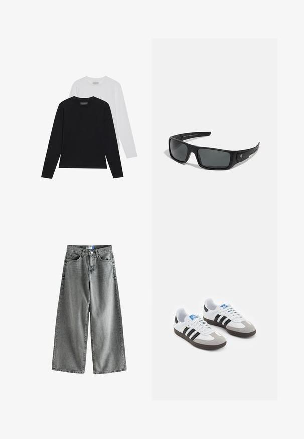 Dos camisetas de manga larga: una negra y una blanca. Ambas presentan un cuello redondo y una textura suave y acanalada. Etiqueta de la marca visible en el interior del cuello.; Vaqueros de pierna ancha en denim gris desgastado, con cintura alta, diseño de cinco bolsillos y sutiles detalles de desgaste.; Zapatillas deportivas con parte superior de piel blanca, puntera de ante gris y tres rayas negras. Presentan un logo azul en la lengüeta y una suela de goma texturizada.; Gafas de sol negras con montura rectangular, lentes gris oscuro y acabado de plástico suave. Acento notable del logotipo en el lateral.; Bolso de hombro negro de nailon con una forma curvada, acento de cadena plateada, mini bolsa desmontable y correa ajustable; presenta el logo "Steve Madden".