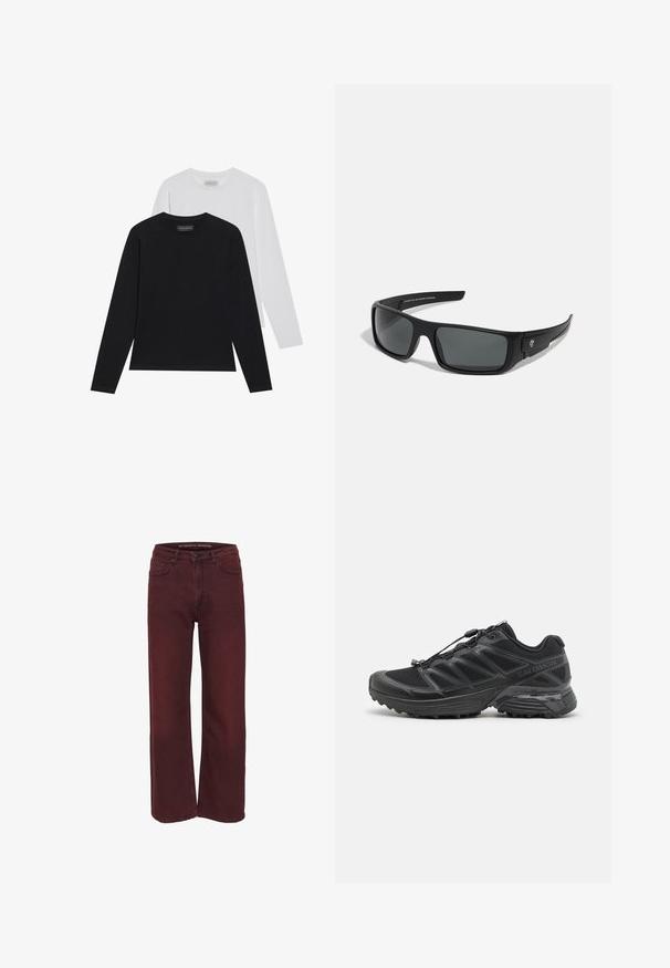 Dva dukserice s dugim rukavima: jedna crna i jedna bijela. Obje imaju okrugli izrez i glatku, rebrastu teksturu. Brend oznaka vidljiva unutar izreza.; Bordo široke traperice napravljene od denima, s zatvaranjem na dugme i dizajnom s pet džepova; glatka tekstura s suptilnim varijacijama boje.; Crne trkačke cipele s mrežastim i sintetičkim gornjim dijelom, fleksibilnom potplatom i elastičnim vezicama. Imaju podstavljeni srednji potplat za udobnost.; Crne sunčane naočale sa pravokutnim okvirom, tamno sivim lećama i glatkom plastičnom površinom. Značajan logo na strani.; Crna kožna torba za rame s glatkom teksturom, zakrivljenim vrhom i jednim remenom. Ima zatvaranje na patentni zatvarač i minimalistički dizajn.