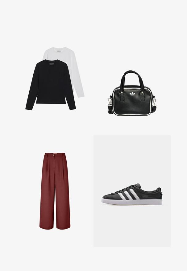 Twee longsleeve tops: één zwart en één wit. Beide hebben een ronde halslijn en een gladde, ribbelige textuur. Merklabelf zichtbaar binnenin de halslijn.; Wijdt gesneden broeken in een rijke bordeauxkleur, gemaakt van een zachte stof. Kenmerkt een tailleband, voorplooien en een enkele knoopsluiting.; Zwarte lederen sneaker met een witte drie-strepen ontwerp, ronde neus, platte witte rubberen zool en merkdetail aan de zijkant.; Zwarte leren handtas met twee korte handvatten, zilverkleurige hardware, witte accenten en een wit logo. Heeft een gestructureerd oppervlak en een compact ontwerp.