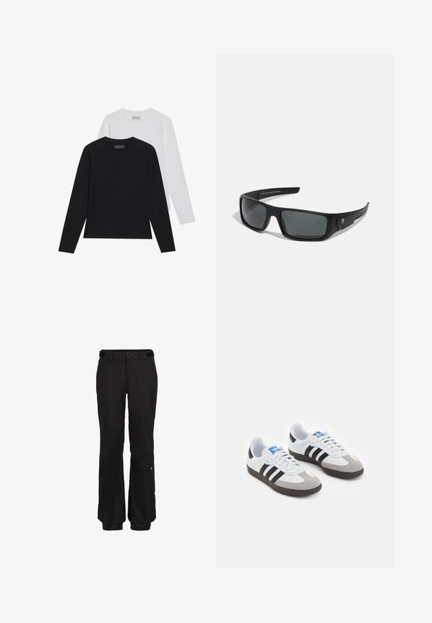 To langærmede trøjer: én sort og én hvid. Begge har en rund halsudskæring og en glat, ribbet tekstur. Brandmærket er synligt indeni halsudskæringen.; Sorte snebukser med lige snit, justerbar talje, forstærkede manchetter og diskret brandingdetalje på venstre ben.; Sportsko med en overdel i hvid læder, grå ruskind på tåen og tre sorte striber. Har et blåt logo på tungen og en struktureret gummisål.; Sorte solbriller med en rektangulær stel, mørkegrå linser og en glat plastoverflade. Bemærkelsesværdig logoaccent på siden.; Sort nylon skuldertaske med en buet form, sølvfarvet kædeaccent, aftagelig mini-pung og justerbar rem; prydet med "Steve Madden" logo.