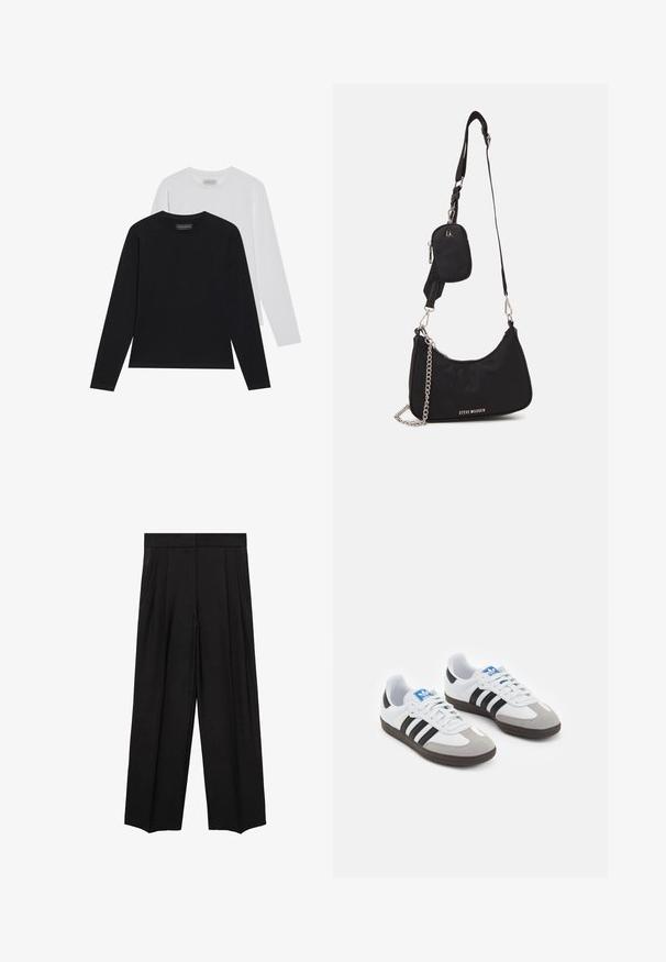 Kaksi pitkähihasta paitaa: yksi musta ja yksi valkoinen. Molemmissa on pyöreä pääntie ja sileä, ribbitekstuuri. Brändilogo näkyvissä pääntiellä.; Mango SMOCK - Housut - black; Urheilukengät, joissa on valkoinen nahkainen päällinen, harmaa mokkanokka ja kolme mustaa raitaa. Ominaisuuksina sininen logo kielekkeessä ja kuvioitu kumipohja.; Musta nailon olkalaukku, jossa on kaareva muoto, hopeinen ketjuviimeistely, irrotettava pikkupussi ja säädettävä hihna; sisältää "Steve Madden" -logon.