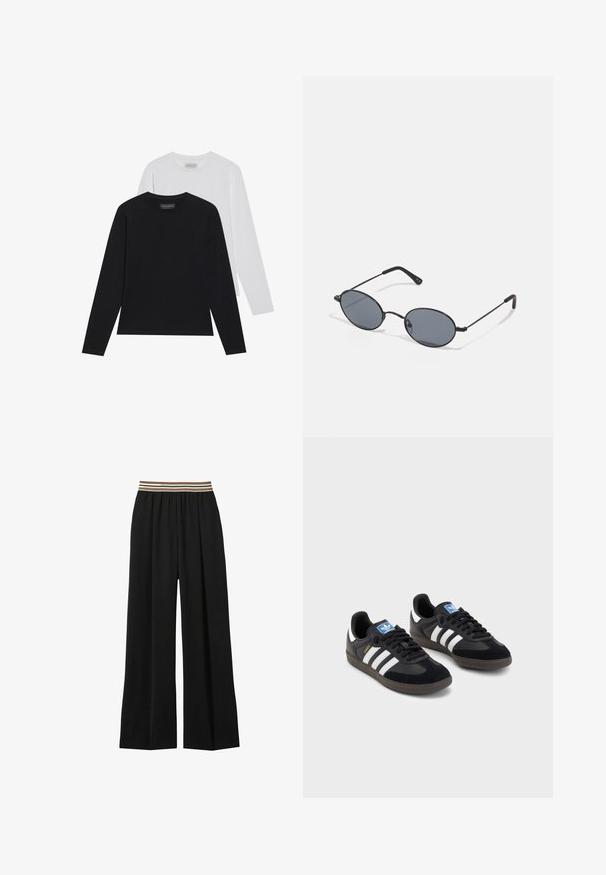 Kaksi pitkähihasta paitaa: yksi musta ja yksi valkoinen. Molemmissa on pyöreä pääntie ja sileä, ribbitekstuuri. Brändilogo näkyvissä pääntiellä.; Mustat leveälahkeiset housut, joissa on joustava vyötärö ja kolme vaakasuoraa raitaa ruskeana ja kermaisenä. Valmistettu kevyestä kankaasta.; Mustat lenkkarit, joissa on mokkanahka- ja synteettinen päällinen, kolmella valkoisella raidalla, tekstuurilla varustettu kumipohja ja sininen logo-etiketti kielellä.; Mustat ovaalit aurinkolasit tummilla linsseillä ja ohuilla metallikehyksillä. Ominaisuuksiin kuuluu hoikat varret, joissa on hienovarainen kaarevuus päissä.; Musta nailon olkalaukku, jossa on kaareva muoto, hopeinen ketjuviimeistely, irrotettava pikkupussi ja säädettävä hihna; sisältää "Steve Madden" -logon.