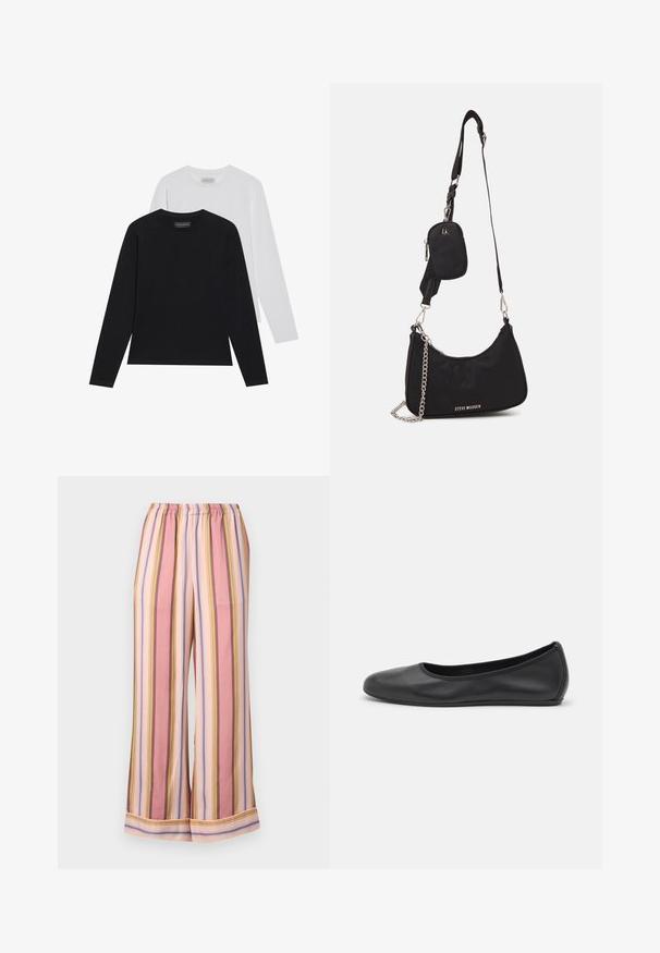 Dva dolgoročna majici s dolgimi rokavi: ena črna in ena bela. Obe imata okrogel ovratnik in gladko, rebrasto teksturo. Logotip blagovne znamke je viden znotraj ovratnika.; Črtaste pižama hlače z elastičnim pasom, širokimi nogami in izmeničnimi roza, sivkasto-vijoličnimi in rumenimi črtami z gladko teksturo.; Črne usnjene balerinke z zaobljenim nosom, gladko teksturo, minimalnimi šivi in fleksibilno zasnovo podplata.; Črna najlonska torba za rame s ukrivljenim oblikom, s srebrnim verižnim dodatkom, odstranljivim mini žepkom in nastavljivim trakom; vsebuje logotip "Steve Madden".