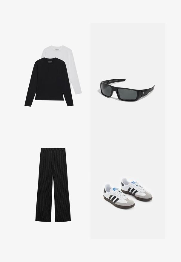 Dva dolgoročna majici s dolgimi rokavi: ena črna in ena bela. Obe imata okrogel ovratnik in gladko, rebrasto teksturo. Logotip blagovne znamke je viden znotraj ovratnika.; Črne hlače širokih nogavic z navpičnim črtastim vzorcem. Elastičen pas, lahka tkanina in gladka tekstura po celotni površini.; Športni čevlji z belim usnjenim zgornjim delom, sivim semišem na prstih in tremi črnimi črtami. Imajo modro logo na jeziku in teksturiran gumijast podplat.; Črne sončne očala s pravokotnim okvirjem, temno sivo lečo in gladko plastično površino. Opazna oznaka na strani.; Črna najlonska torba za rame s ukrivljenim oblikom, s srebrnim verižnim dodatkom, odstranljivim mini žepkom in nastavljivim trakom; vsebuje logotip "Steve Madden".