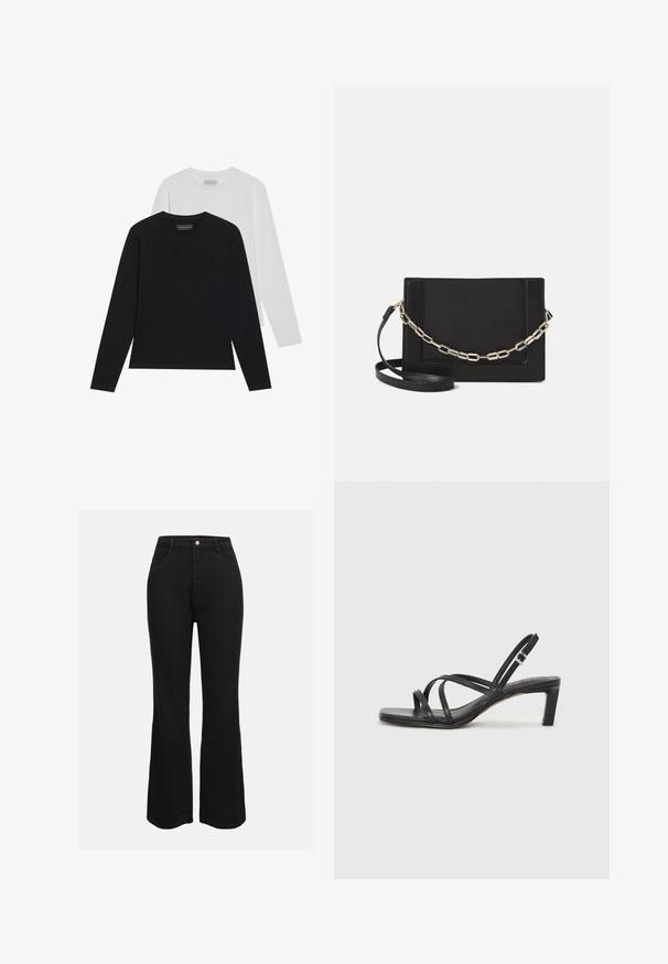Dvoje triček s dlouhým rukávem: jedno černé a jedno bílé. Obě mají kulatý výstřih a hladkou, žebrovanou strukturu. Na vnitřní straně výstřihu je viditelná značková etiketa.; Černé džínové kalhoty s vysokým pasem a rozšířenými nohavicemi, s tradičními kapsami a předním zapínáním na knoflík. Hladká textura a jednotná barva.; Černé sandály na tenkém podpatku se čtveratou špičkou a nízkým blokovým podpatkem. Mají několik tenkých popruhů a nastavitelné zapínání okolo kotníku. Vyrobeny z hladké kůže.; Černá kožená crossbody taška s hladkým povrchem, obdélníkovým tvarem a kovovým řetízkem na přední straně. Součástí je nastavitelný popruh.