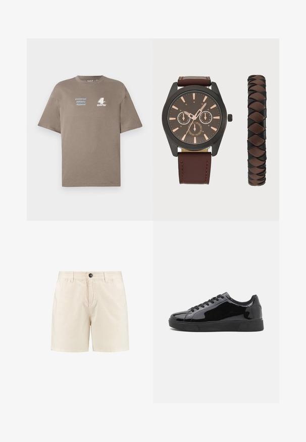 T-shirt in cotone marrone con scollo rotondo. Presenta il testo blu "Universal Athletic Apparel" e il logo bianco "4th quarter" sulla parte frontale. Maniche corte.; Pantaloni corti in cotone beige con chiusura a bottone, cintura elastica e tasche laterali. Design semplice con taglio dritto e senza motivi visibili.; Sneakers in vernice nera con punta tonda, suola piatta in gomma e lacci neri. Superficie superiore liscia e lucida.; Pier One SET - Orologio - black/brown