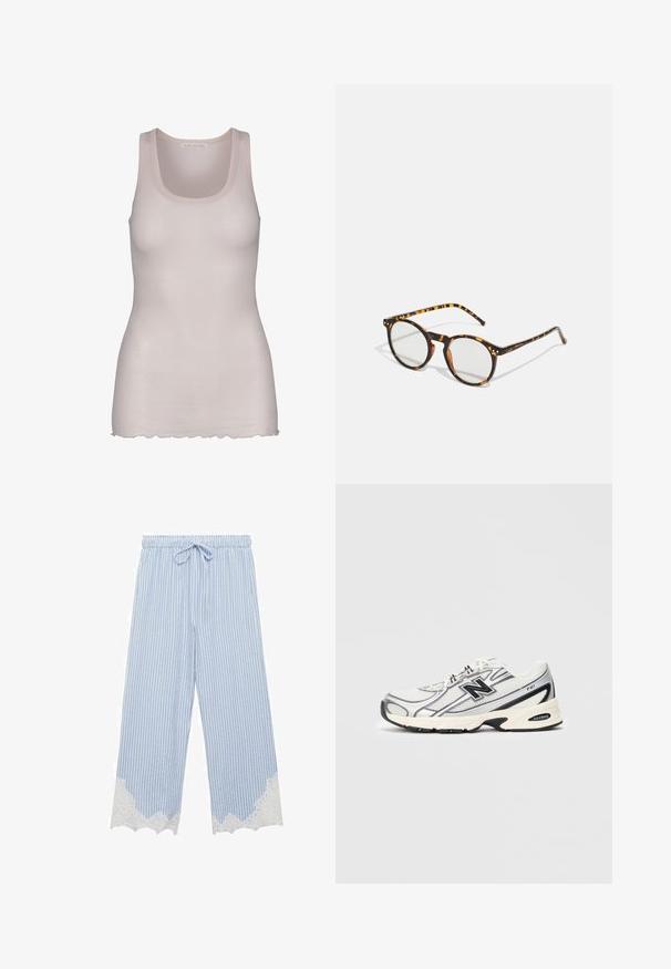 Svetle růžové tílko vyrobené z hladké tkaniny. Má výstřih do véčka, široká ramínka a mírně zvlněný lem.; Svetle modré a bílé pruhované kalhoty s elastickým pasem, detaily na zavázání a bílou krajkovou bordurou na spodním okraji. Volný design s širokými nohavicemi.; Bílé a šedé sportovní tenisky s černým logem "N", síťovaným svrchním materiálem, polstrovanou podrážkou a šněrovacím designem, zobrazené na jednoduchém světle šedém pozadí.; Kulaté sluneční brýle s želvovinovým vzorem a čirými čočkami. Mají silný, lehký rám a štíhlé nožičky.