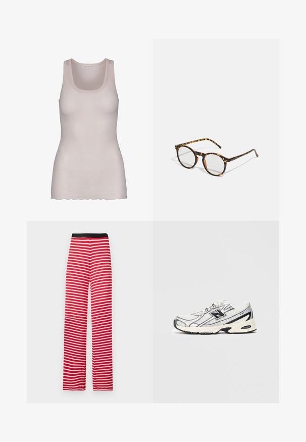 Šviesiai rožinė marškinėlių palaidinė, pagaminta iš lygaus audinio. Ji turi žemą apykaklę, plačius petnešomis ir šiek tiek banguotą apatinį kraštą.; Raudoni ir balti dryžuoti plačios kojos sijonai su juodu elastingu juosmeniu, pagaminti iš minkštos medžiagos, su lygiomis horizonto linijomis.; Baltos ir pilkos sportinės kedėlės su juodu "N" logotipu, tinklinis viršus, minkštas padais ir lace-up dizainas, rodomos ant paprasto šviesiai pilko fono.; Apvalūs saulės akiniai su vėžlio kriauklės raštu ir skaidriais lęšiais. Yra storas, lengvas rėmas ir ploni šventyklos.