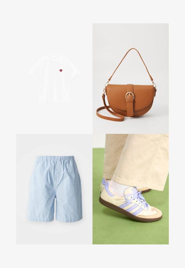 White cotton t-shirt with short sleeves, featuring a small red heart design on the left chest area. Classic crew neck style.; Light blue shorts made of fabric with vertical pinstripes. Elastic waistband and cuffed hems, showcasing a simple, relaxed style.; Cream and lavender sneakers with three stripes and a textured brown sole, featuring laces and a padded heel. Soft fabric upper.; Brown leather crossbody bag with a curved shape, gold hardware, and a buckle accent. Features a detachable shoulder strap.