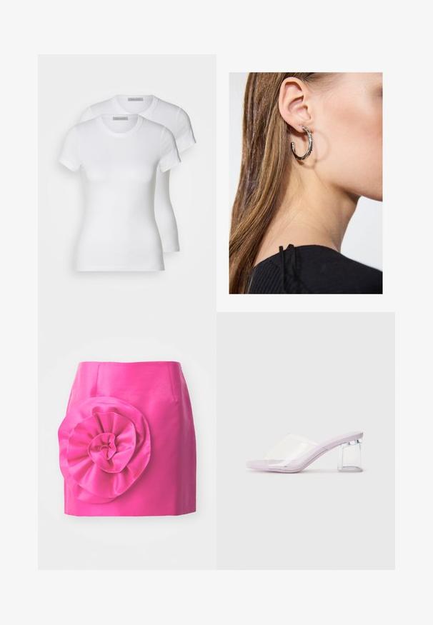 Két fehér pamut póló rövid ujjal, kerek nyakkivágással és karcsú szabással, sima textúrával és minimalista dizájnnal.; Rózsaszín selyemszoknya testhez simuló szabással és egy nagy, texturált virágdísszel a bal oldalon. Simább felület fényes befejezéssel.; Orgonaszínű sarkú mules világos műanyag felsőrészsel és átlátszó blokk sarokkal. Simaság jellemzi, nyitott orrú dizájn, minimalista forma.; Ez egy ezüst fülbevaló, sima felülettel, amelyen apró arany díszítőelemek találhatók. Kerek formájú és a fülcimpán viselik.