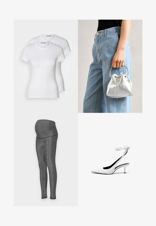 Kaks valget puuvillast T-särki lühikeste varrukatega, ümarate kaelustega ja kitseneva siluetiga, millel on sujuv tekstuur ja minimalistlik disain.; Rasedus leggings venivast metallikmustast kangast. Kõrge vöökoht mugavuse jaoks, sujuv istuvus jalgades ning sile tekstuur.; Valged terava ninaga slingback-kandvad kontsad õhukese pahkluustringiga. Sile nahk, õhuke stilettokonts ja must sisekate.; Metallik hõbedane ämbritask, millel on tekstuurne viimistlus, kaunistatud hõbeda ümmarguse käepideme ja tõmbluku sulgemisega, hoituna helesiniste teksade vastu.