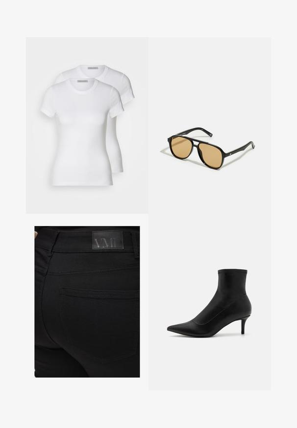 To hvide bomulds t-shirts med korte ærmer, rund halsudskæring og en tætsiddende silhuet, der viser en glat tekstur og et minimalistisk design.; Sorte skinny jeans med en glat tekstur. Har et VMD-logo-patch ved taljen, detaljer på baglommen og en tætsiddende pasform.; Sorte ankelstøvler i glat læder med spids tå og en kort, tynd hæl. Har et sømløst design og subtile stikninger.; Sorte solbriller med brune tonede linser; rektangulær form med en tyk ramme, herunder diskrete hardwaredetaljer på stængerne.