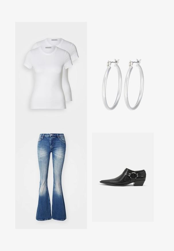 Two white cotton t-shirts with short sleeves, round necklines, and a fitted silhouette, displaying a smooth texture and minimalistic design.; Blue flared jeans made of denim with a faded wash. Features include a fitted waist, five-pocket design, and slight distressing at the hems.; Black leather ankle boots with a pointed toe, featuring a front leather strap and silver buckle detail, and a low, block heel.; Silver hoop earrings with a smooth, polished finish. Round shape and secure click-top closure. Lightweight design suitable for everyday wear.
