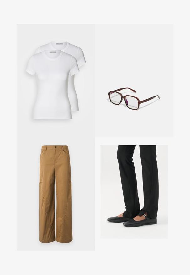 Due t-shirt bianche in cotone con maniche corte, scollatura rotonda e silhouette aderente, presentano una texture liscia e un design minimalista.; Pantaloni a gamba larga marroni in cotone, con chiusura a bottone, tasche laterali e dettagli di cucitura evidenti.; Ballerine in pelle nera con punta appuntita, cinturino con fibbia in argento, abbinate a pantaloni neri su misura con orlo a spacco.; Occhiali rettangolari marroni con lenti trasparenti e tonalità viola. Montatura in plastica liscia con stanghette dritte e accenti sottili.; Orecchini a cerchio in argento con una finitura liscia e lucida. Forma rotonda e chiusura a scatto sicura. Design leggero adatto per l'uso quotidiano.