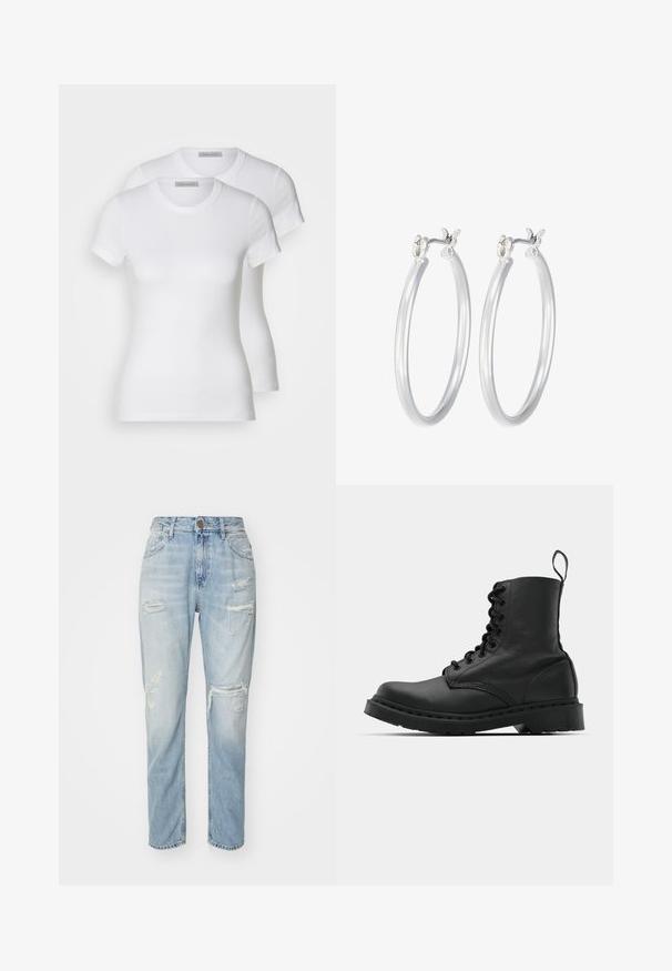 Kaks valget puuvillast T-särki lühikeste varrukatega, ümarate kaelustega ja kitseneva siluetiga, millel on sujuv tekstuur ja minimalistlik disain.; Heledad sinine, kulunud teksapüksid kõrge talje ja rebenemiste ning kulunud servadega. Sirge jalgade disain klassikalise viie taskuga stiilis.; Mustad mustavi combat kingad ümmarguse varbaga, paeltega esiosa ja säärel tõmbeaas. Omab paksu kummist tallat, mis tagab vastupidavuse.; Hõbedased rõngaskõrvarõngad, millel on sile, läikiv viimistlus. Ümmargune kuju ja turvaline klõpsulatus. Kerge disain, sobib igapäevaseks kandmiseks.