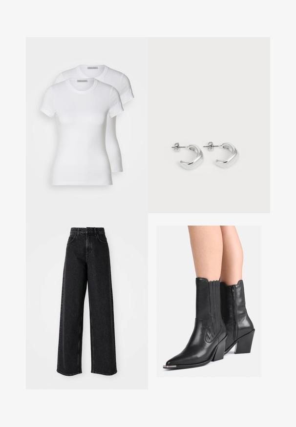 Duas t-shirts de algodão brancas com mangas curtas, decote redondo e uma silhueta ajustada, exibindo uma textura suave e design minimalista.; Calças jeans largas de cintura alta, em denim preto, com um design clássico de cinco bolsos e detalhes sutis de costura.; Botas de cowboy de couro preto até à meia-perna com pontas afiadas, saltos empilhados, fecho lateral e costura decorativa, usadas com as pernas nuas.; Brincos de argola de prata com um acabamento liso e polido. Forma redonda com um design ligeiramente curvado e bordas suavizadas. Fecho de pino.