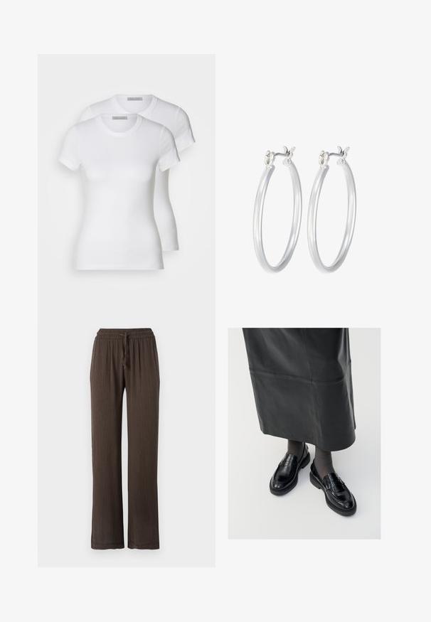 Dve bele bombažne majice s kratkimi rokavi, okroglimi izrezi in prilegajočo silhueto, ki prikazujejo gladko teksturo in minimalističen dizajn.; Rjave široke hlače z elastičnim pasom in vrvico. Teksturni material z navpičnimi črtami. Ravno krojene noge.; Črne usnjene loafer čevlje s gladko površino, ki imajo dekorativno srajco, okroglo konico in teksturiran podplat. Nosi se z dolgim črnim usnjennim krilom.; Srebrni obroči za ušesa z gladko, polirano površino. Okrogla oblika in varna zaponka s klikom. Lahka zasnova, primerna za vsakodnevno nošenje.