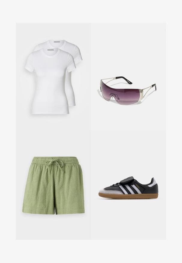 To hvite bomulls t-skjorter med korte ermer, rund hals og en tettsittende silhuett, som viser en jevn tekstur og minimalistisk design.; Lysegrønne bomullsshorts med elastisk midje og snor. Har sidelommer og en teksturert stoffoverflate.; Svart lær og grå semsket sneakers med hvite striper, gummisåle, snøring foran, og borrelås. Har "Samba" merke i gull.; Solbriller med en stor, buet lilla linse, sølvmetallakenter og sorte stenger med en logo. Teksturdetaljer på rammen er synlige.