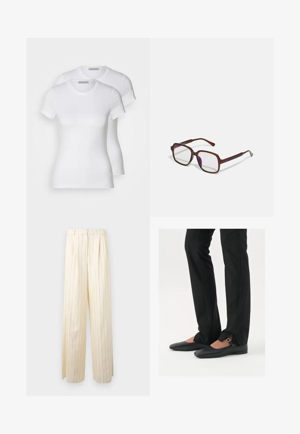 Dve bele bombažne majice s kratkimi rokavi, okroglimi izrezi in prilegajočo silhueto, ki prikazujejo gladko teksturo in minimalističen dizajn.; Kremne široke hlače z navpičnimi mornarsko modrimi črtami, ki imajo plisiran sprednji del in gladko, rahlo teksturirano tkanino.; Črne usnjene balerinke s koničastim nosom, trak z srebrno zaponko, v kombinaciji s črnimi elegantnimi hlačami z razporkom na robu.; Rjave, pravokotne očala z prosojnimi lečami in vijoličnimi odtenki. Gladek plastičen okvir z ravnimi steblami in subtilnimi detajli.; Srebrni obroči za ušesa z gladko, polirano površino. Okrogla oblika in varna zaponka s klikom. Lahka zasnova, primerna za vsakodnevno nošenje.