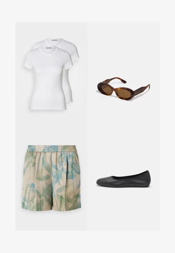 Twee witte katoenen t-shirts met korte mouwen, ronde halslijnen en een getailleerd silhouet, met een zachte textuur en minimalistisch ontwerp.; Shorts van een lichtgewicht stof met een beige achtergrond en een patroon van blauwe en groene palmbladeren, een elastische tailleband en een geplooid ontwerp.; Zwarte leren ballerina met een ronde neus, gladde textuur, minimale stikdetails en een flexibele zoolontwerp.; Schildpad zonnebril met ovale lenzen, bruine tint en gouden accenten op de armen. Dikke monturen met een glanzende afwerking en een gladde textuur.